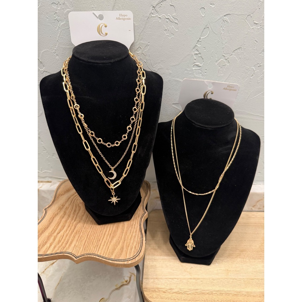 Layered Gold Tone Necklaces Celestial Moon Star Hamsa Hand Hypoallergenic Set
